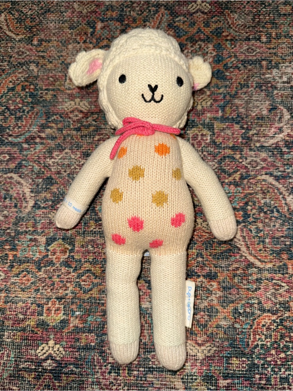 Cuddle & Kind Plush Knit Lucy the Lamb Toy Cream with Pink & Orange Dots 13”